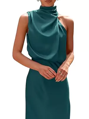 PRETTYGARDEN Satin Mock‑Neck Maxi