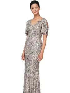 Alex Evenings Long Sequin Gown with Flutter Sleeves