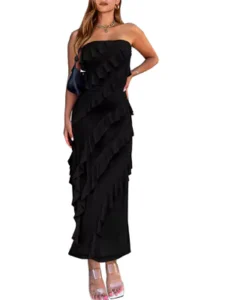 BTFBM Women Summer Elegant Strapless Midi Ruched Bodycon Dress