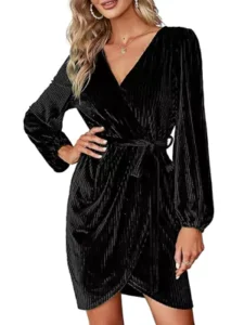 BerryGo Women's Long Sleeve Wrap Semi Formal Velvet Mini Dress